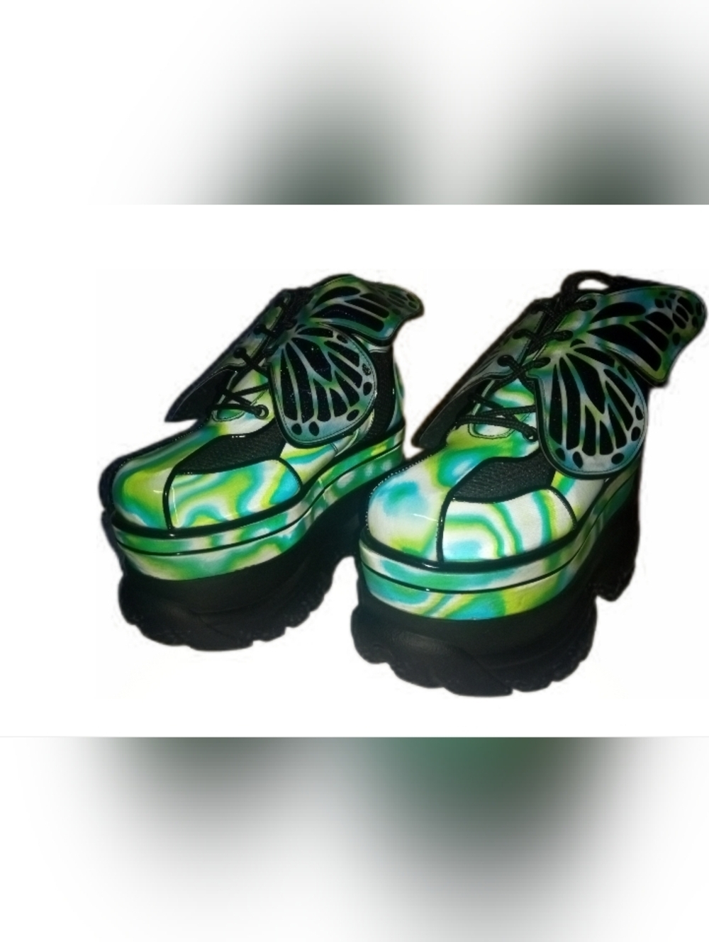RARE "UTOPIAN GODESS" Iridescent Green Butterfly Platform Lace-Up Sneakers